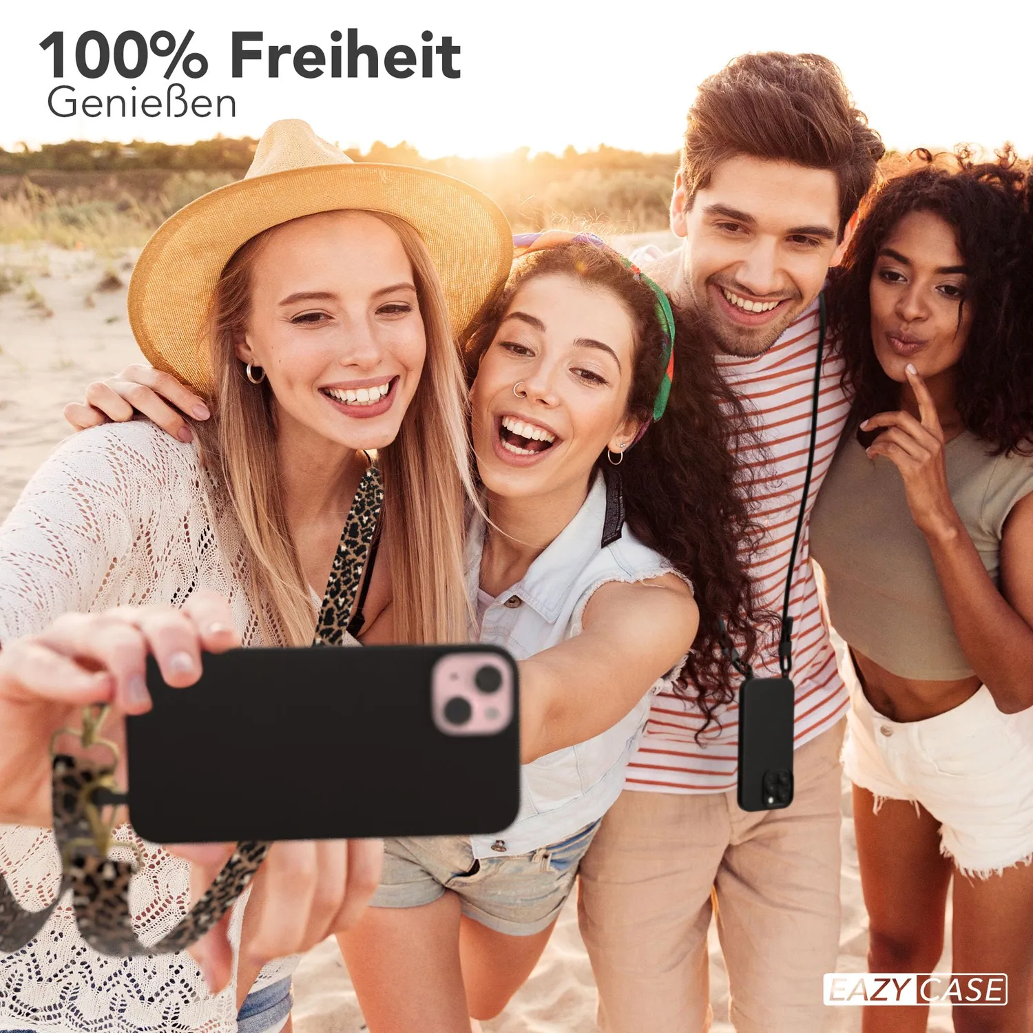 EAZY CASE iPhone 15 Plus Hülle mit Kette Leo Schwarz Braun