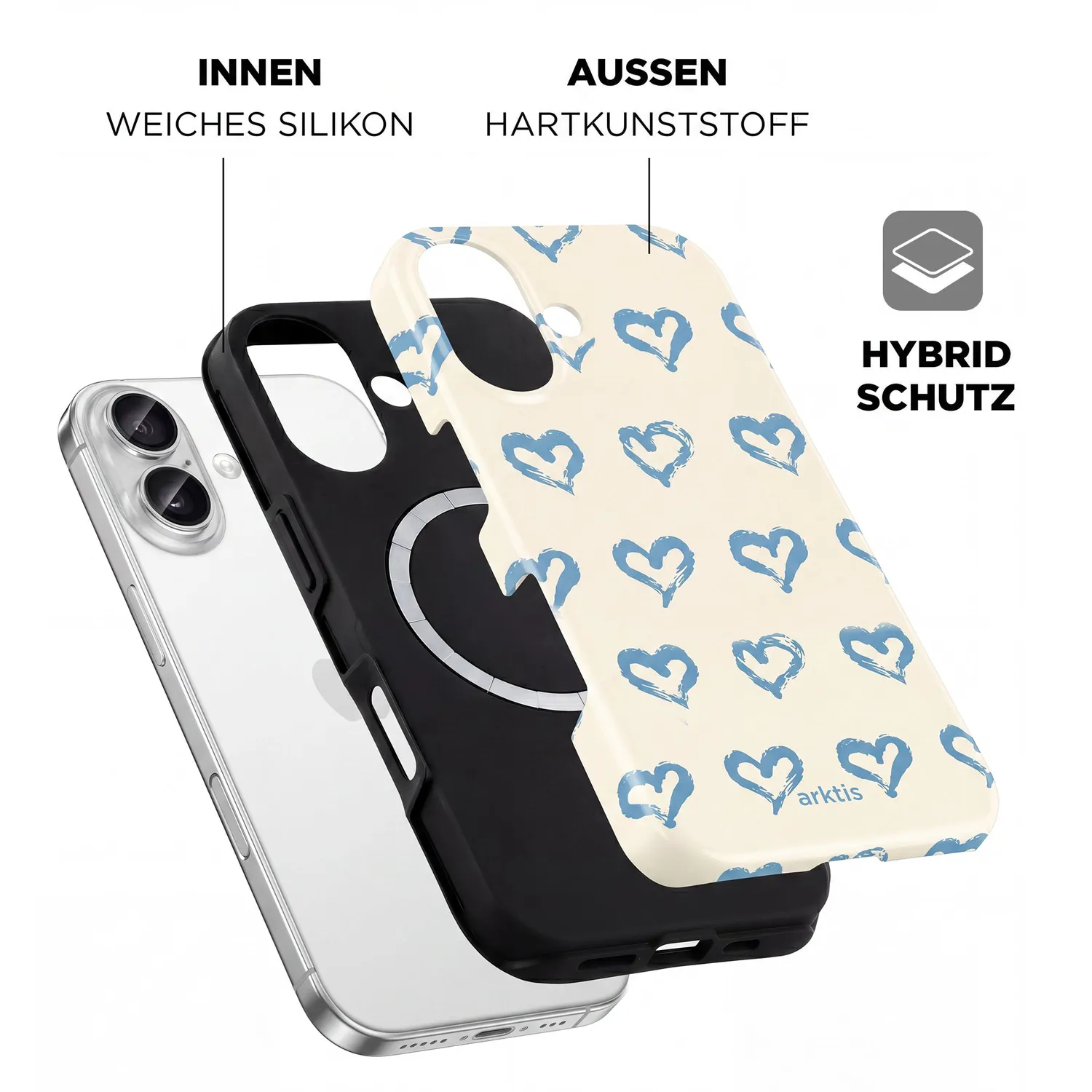 arktis iPhone 16 Hülle Blue Hearts mit MagSafe