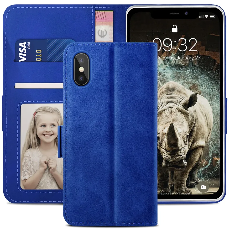 YATWIN iPhone X XS Handyhülle Königsblau Leder mit RFID-Schutz