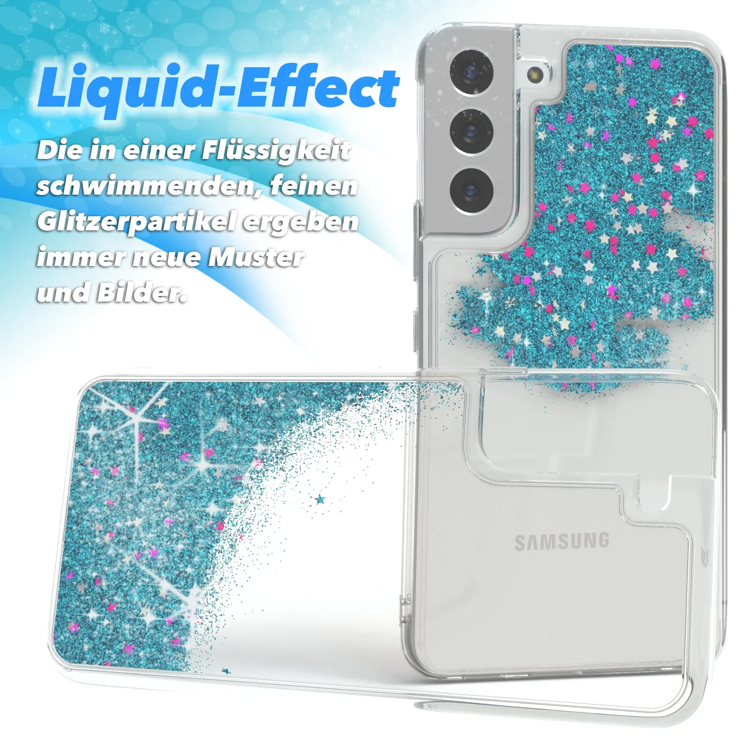 EAZY CASE Galaxy S22 Plus Glitzerhülle Blau Transparent