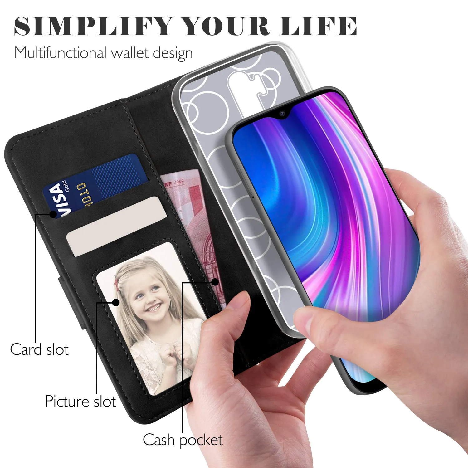 YATWIN Redmi Note 8 Pro Klapphülle Leder Schwarz RFID