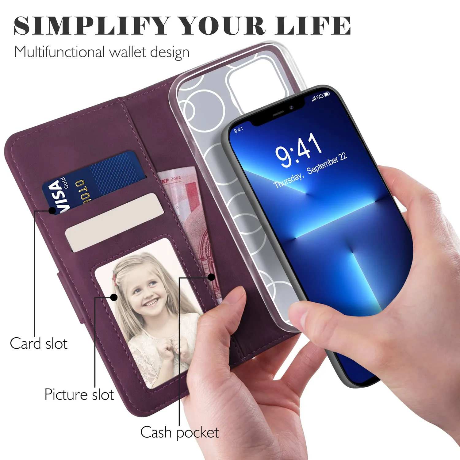YATWIN iPhone 13 Pro Handyhülle Weinrot Leder mit Panzerglas