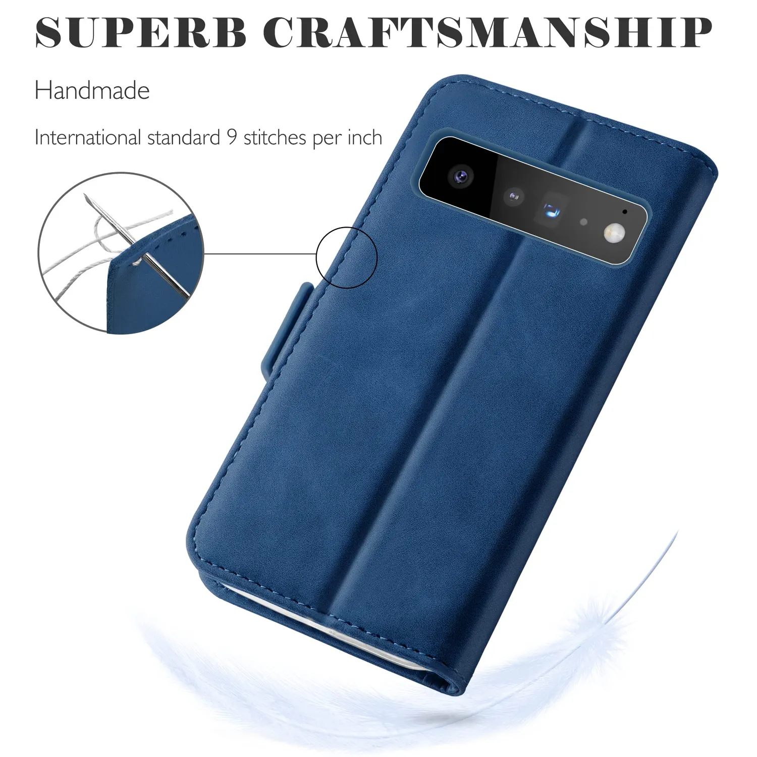 YATWIN Pixel 6 Pro Klapphülle Leder Blau mit Panzerglas